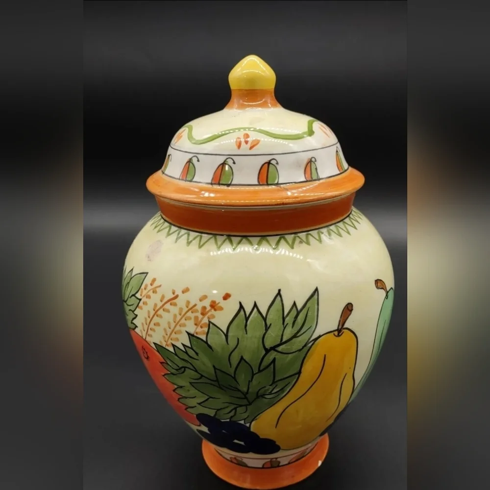 Hand-Painted Biscotti Jar with Orange and Green Accents - Picture 2 of 3